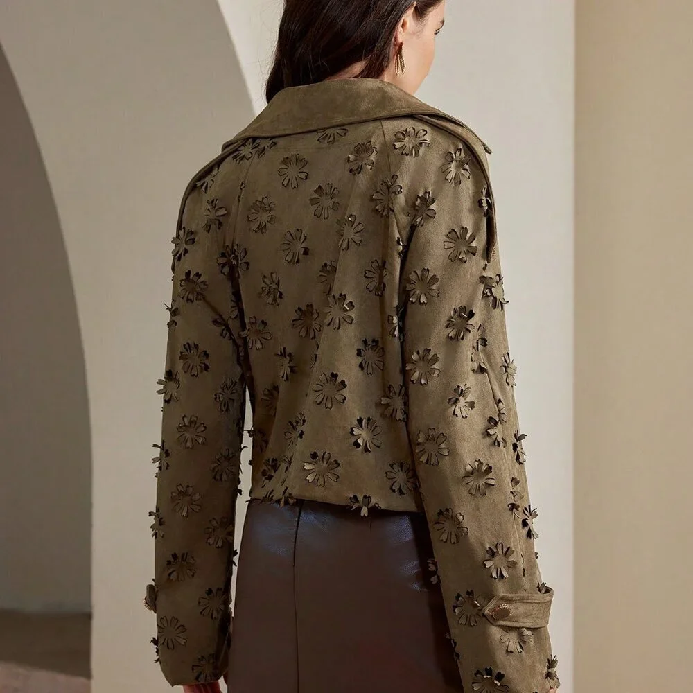 Khaki Casual Women's Collar 3d Laser Floral Embossed Jacket Coat - Picture 3 of 8
